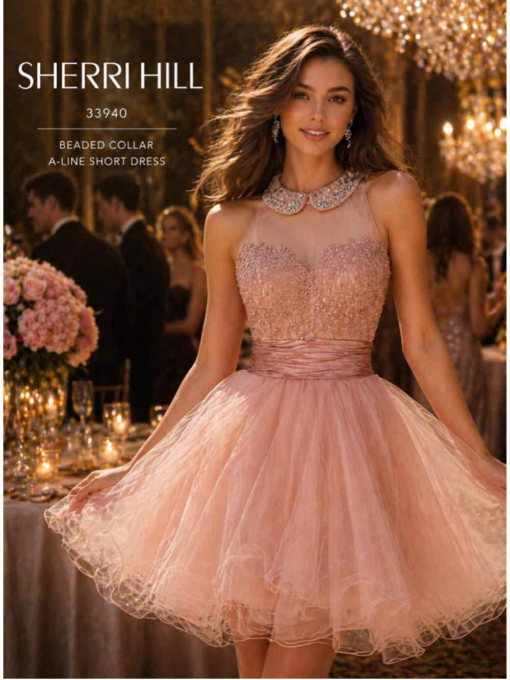 Sherri Hill Blush Beaded Collar Tulle Party Dress Size 6